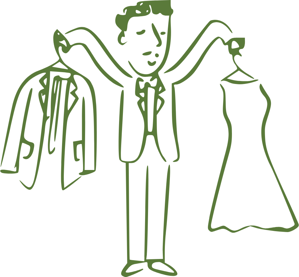 Ilustración de un hombre eligiendo entre un traje y un vestido